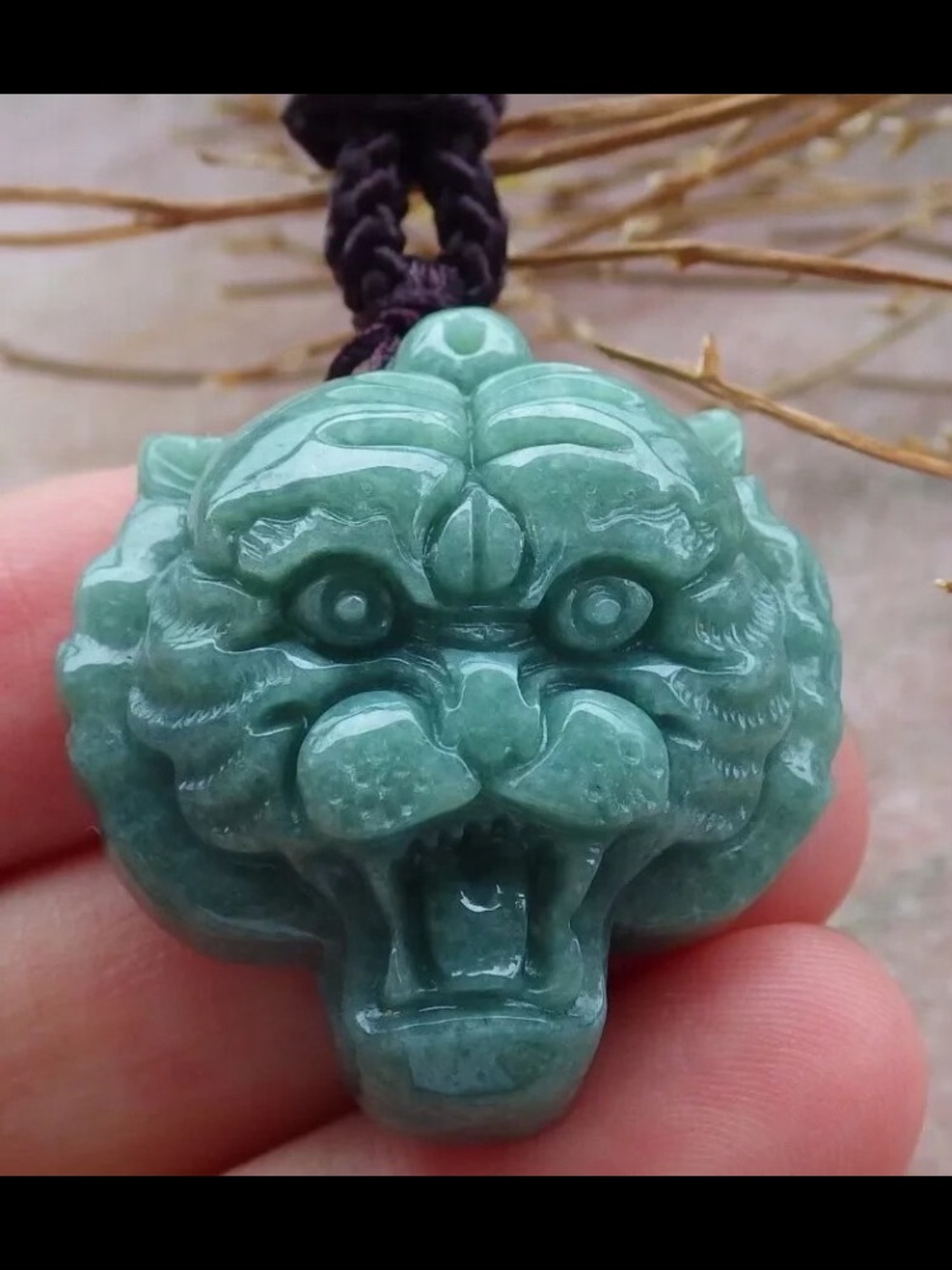 exquisite carved Certificate Jadeite jade green wealth lion Tiger head pendant